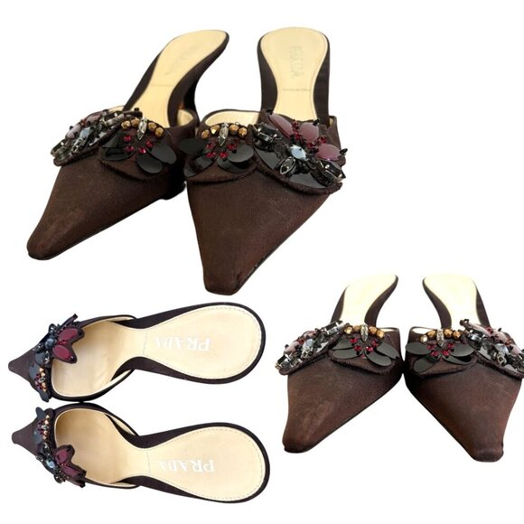 Y2K VINTAGE RARE PRADA JEWEL SEQUIN POINTED TOE MULE KITTEN HEELS SZ. 6.5/36.5 - Picture 5 of 7